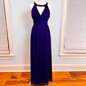 Cache Royal Blue Beaded Halter Chiffon Maxi Dress Sz 2 Y2K Prom Goddess Babydoll